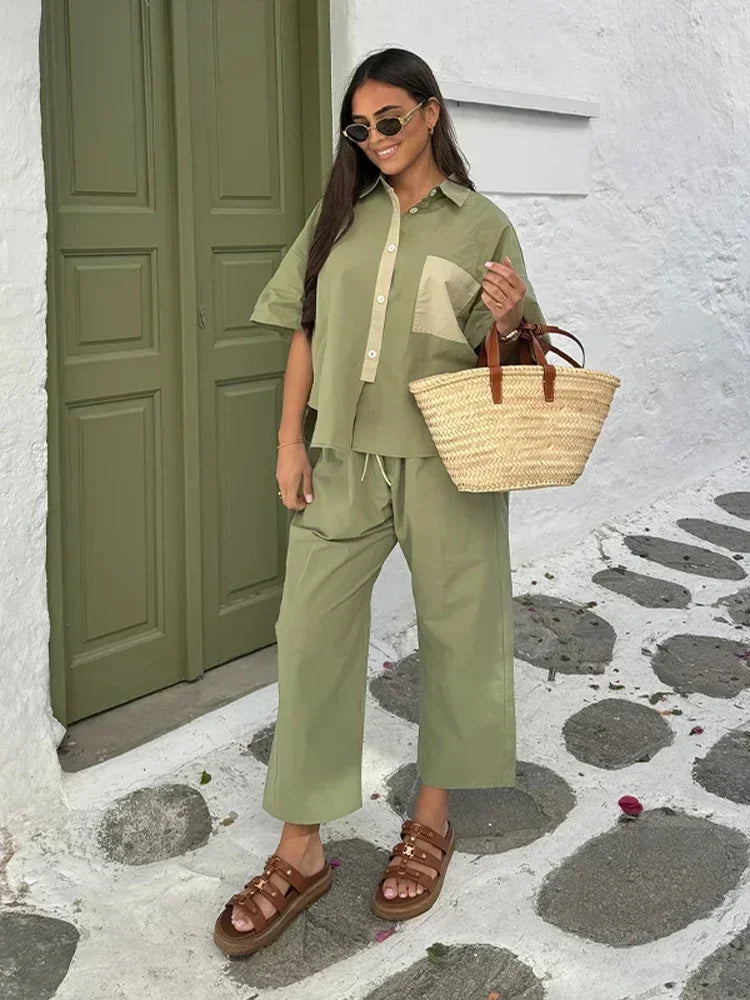 Women Casual Straight Wide Legs Pants Set Loose Lapel Half Sleeve Single-breasted Contrast Pocket Shirt Suits Lady Office Outfit