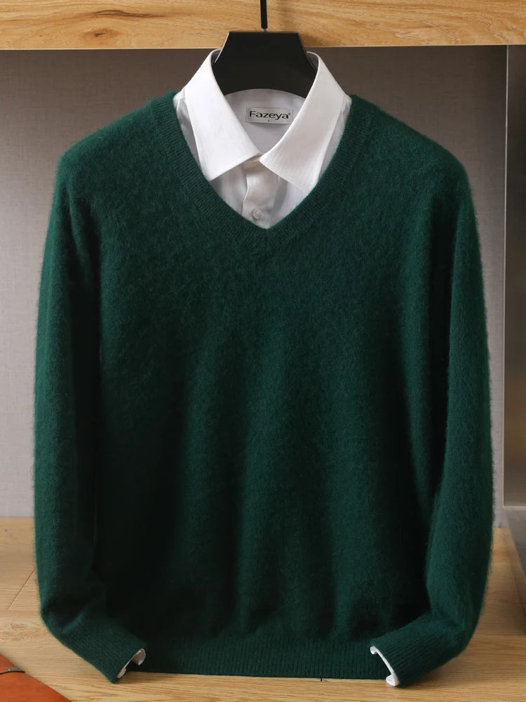 MVLYFLET 2024 NEW Men's 100% Mink Cashmere Sweater V-Neck Pullovers Knit Large Size Winter New Tops Long Sleeve High-End Jumpers