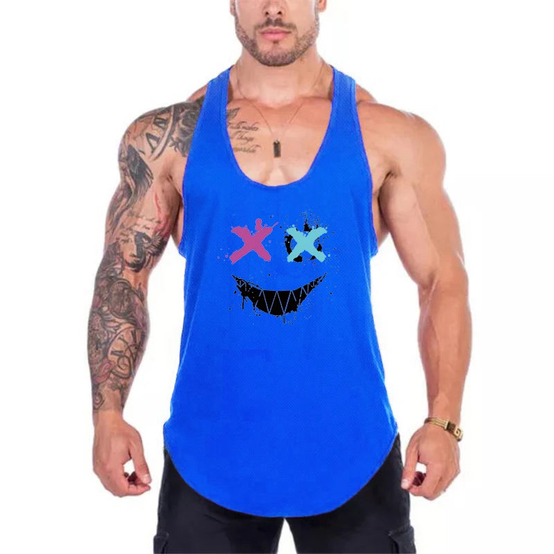 Trendy Personality Funny XX Smile Face Gym Fitness Vest Men Bodybuilding Sleeveless Tank Tops Mesh Quick Dry Racer Back T-Shirt