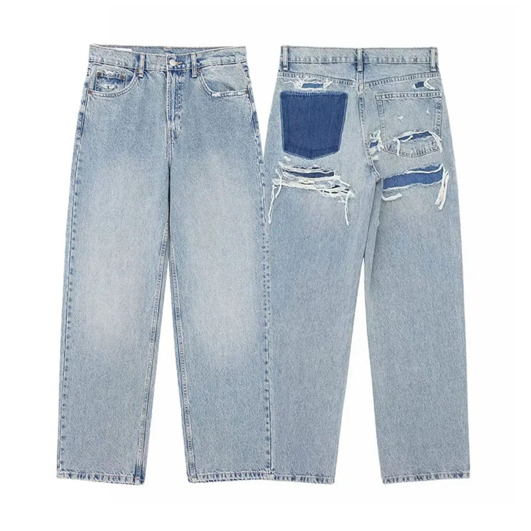 TRAFZA 2024 Women's Street Fashion Denim Blue Jeans Distressed Patchwork High Waist Zipper Fly Ripped Retro Long Pants