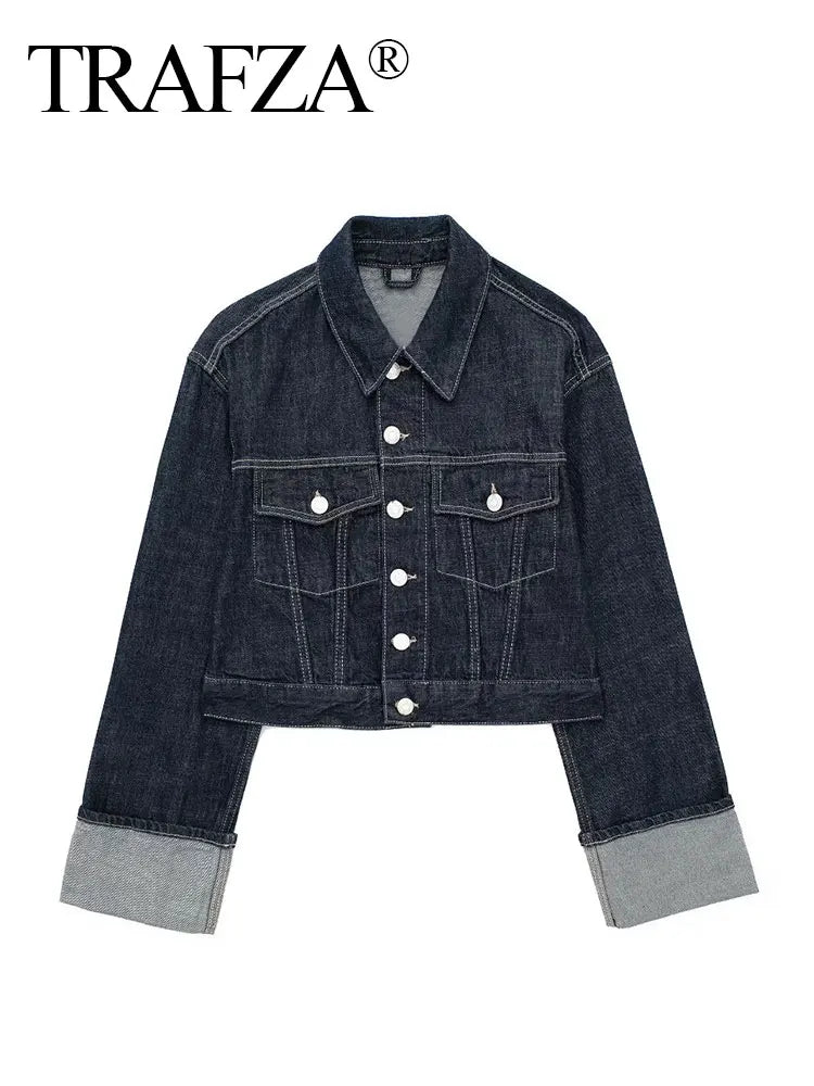 TRAFZA Women Vintage Denim Jacket Single Breasted Lapel Long Sleeve Coat With Pockets Dark Blue Denim Jacket Fashion High Street
