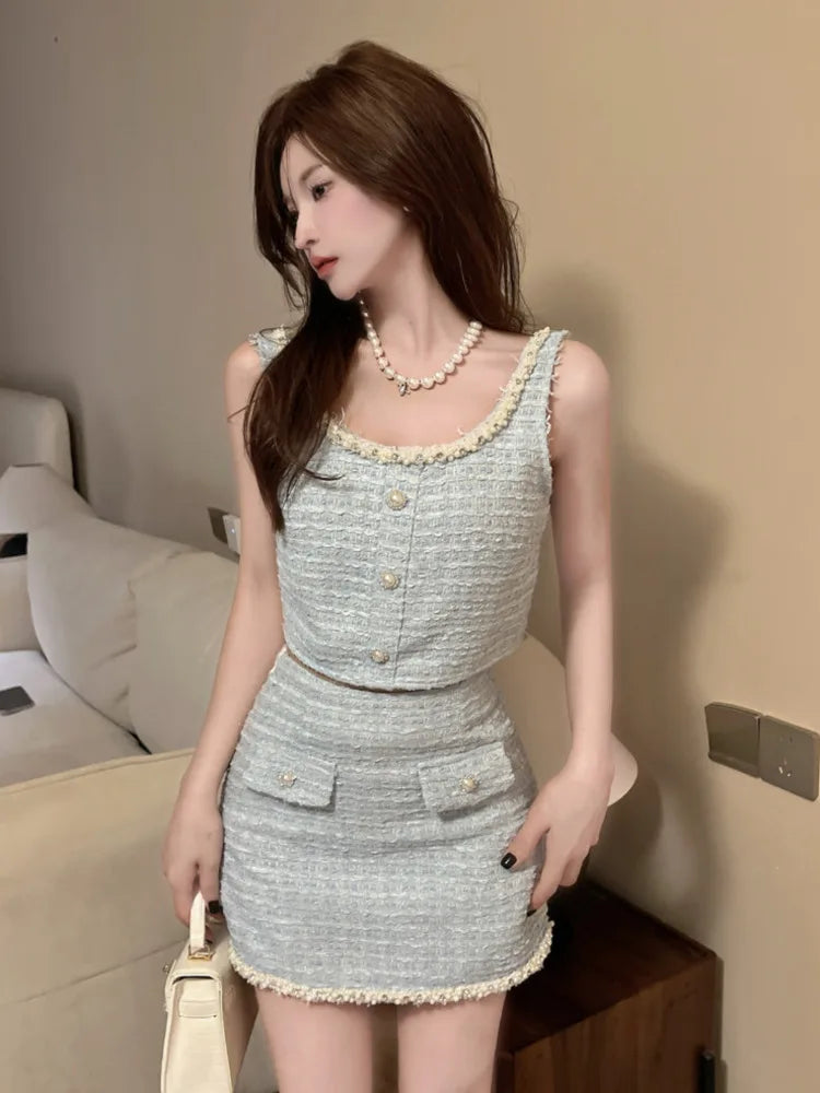 Summer French Luxury Beading Small Fragrance Two Piece Set Women Sweet Crop Top + Skirt Suits Korean Hotsweet Sexy 2 Piece Sets