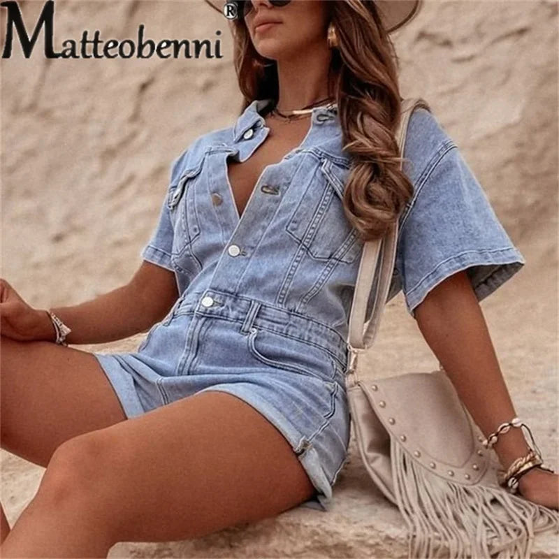 Women's Chest Double Pockets Decoration Single-breasted Splicing Jumpsuit Shorts Female Vintage Lapel Solid Color Denim Rompers
