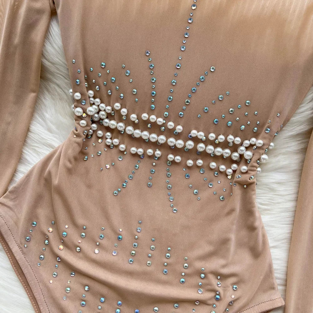 Beading Sequins Mesh Bodysuits Women O Neck Summer Sexy Party Club Long Sleeves Ladies Fashion Solid Rompers dropshipping