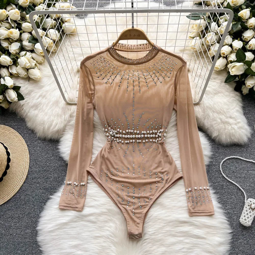 Beading Sequins Mesh Bodysuits Women O Neck Summer Sexy Party Club Long Sleeves Ladies Fashion Solid Rompers dropshipping