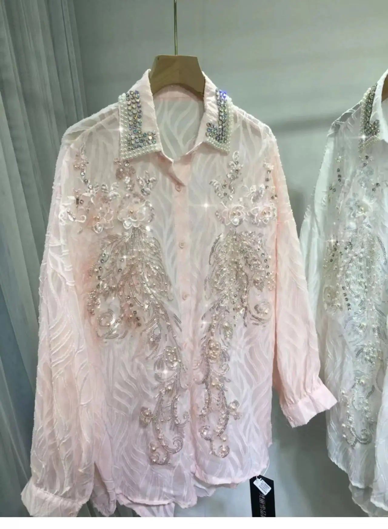 New In Oversized Beaded Sequined Stitch Button Up Blouses Shirts Women's Long Sleeve Mid-Length Pink White Shirt Top