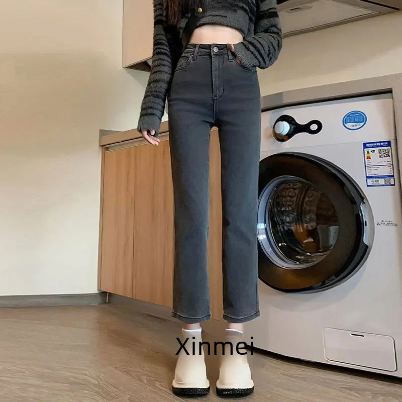 Charcoal Grey High-waist Straight-leg Jeans For Women Versatile Slimming Autumn/winter Pants