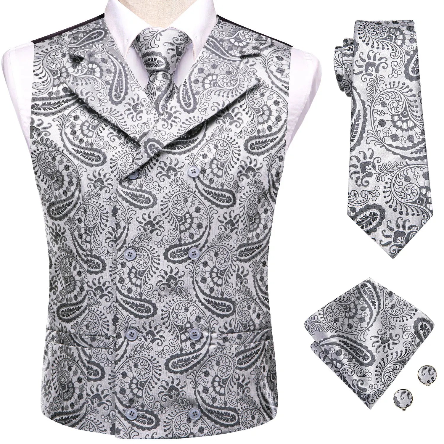 Hi-Tie Dark Red Men's Vests Silk Paisley Jacquard Waistcoat Jacket NeckTie Hanky Cufflinks for Men Business Party Designer Gifts