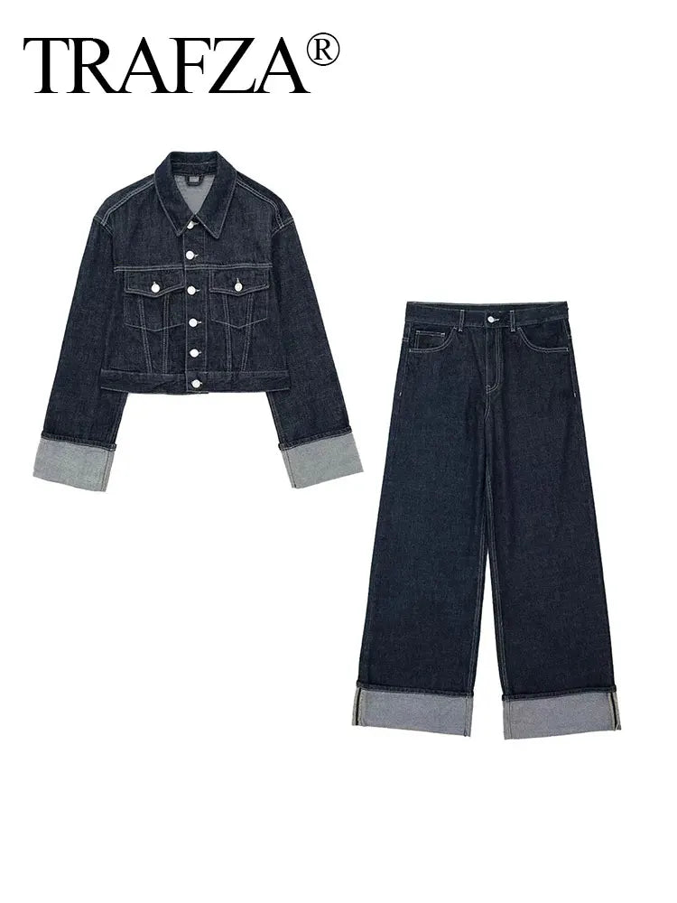 TRAFZA 2024 Autumn Female Vintage Denim Suit Long Sleeve Single Breasted Lapel Coat+High Waist Wide Leg Jeans Street Fashion Set