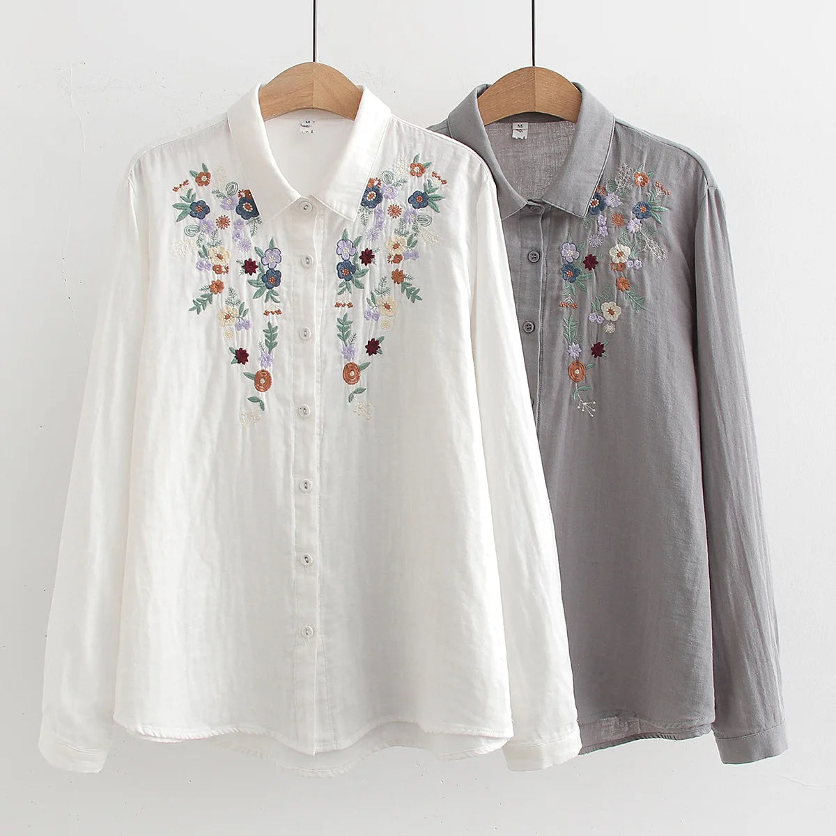 Spring Double 100% Cotton Yarn Shirts Women Turn-down Collar Loose Tops Girl Long Sleeve Embroidery Blouses 2024 Autumn T42909QM