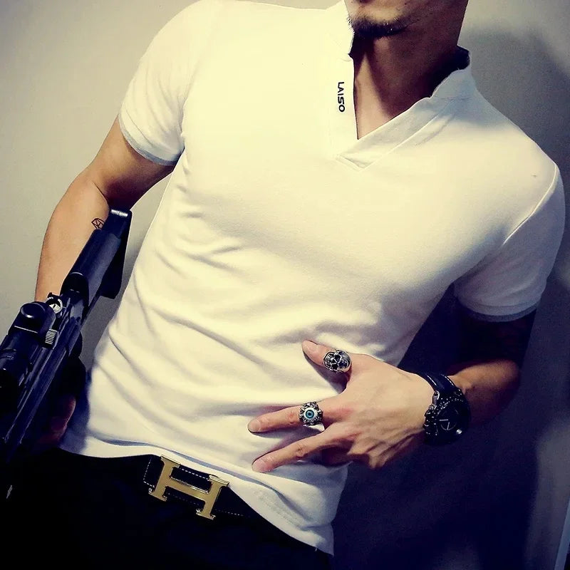 Men's V Neck Polo Shirts 2024 Summer Fashion Solid Short Sleeve T Shirt Men Collar Slim Fit Mens Top Tees Shirt