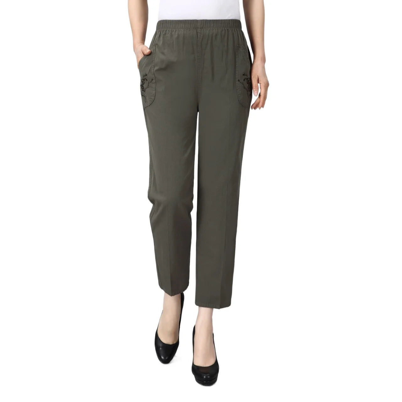 Spring Summer Casual embroidery Cotton Pants Women's Korean Thin Harem Pants Elastic Waist Middle-aged Female Linen Trousers