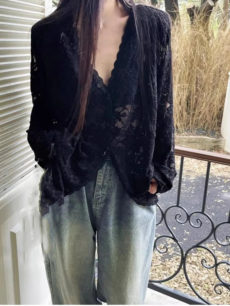 Sexy Lace See Through Grunge Blusas Y2k Aesthetic Single Breasted Oversized Women Blouse Vintage Embroidery Flower Harajuku Tops