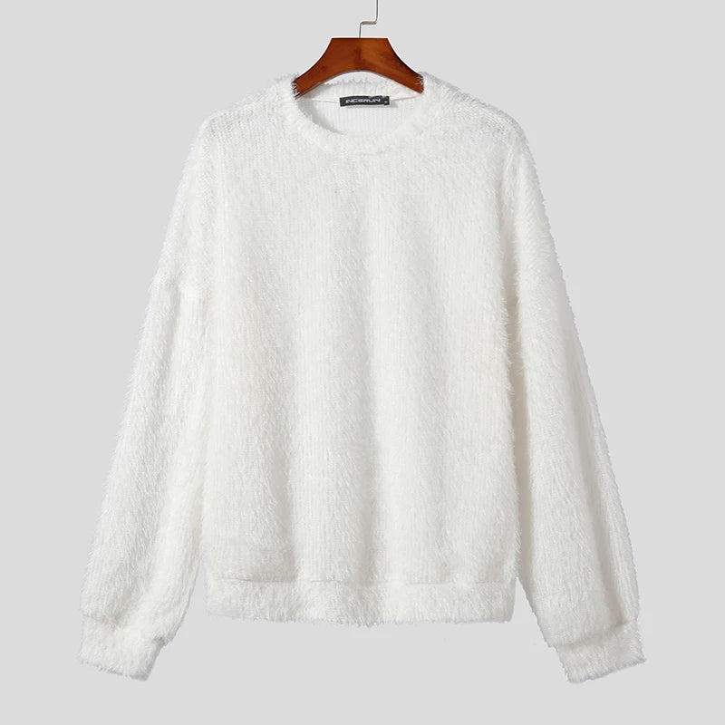 2023 Men Pullovers Solid Color Plush O-neck Long Sleeve Fashion Casual Men Clothing Streetwear Autumn Sweaters S-5XL INCERUN
