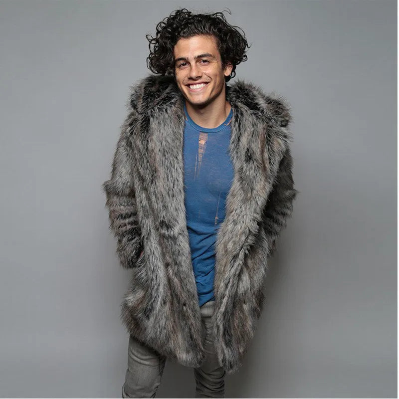 Men's Faux Fur Coat Long Sleeve Hooded Thick Warm Jackets Male Plush Fluffy Cardigan Casual Parka Snow Wear Winter Fur Coat 512