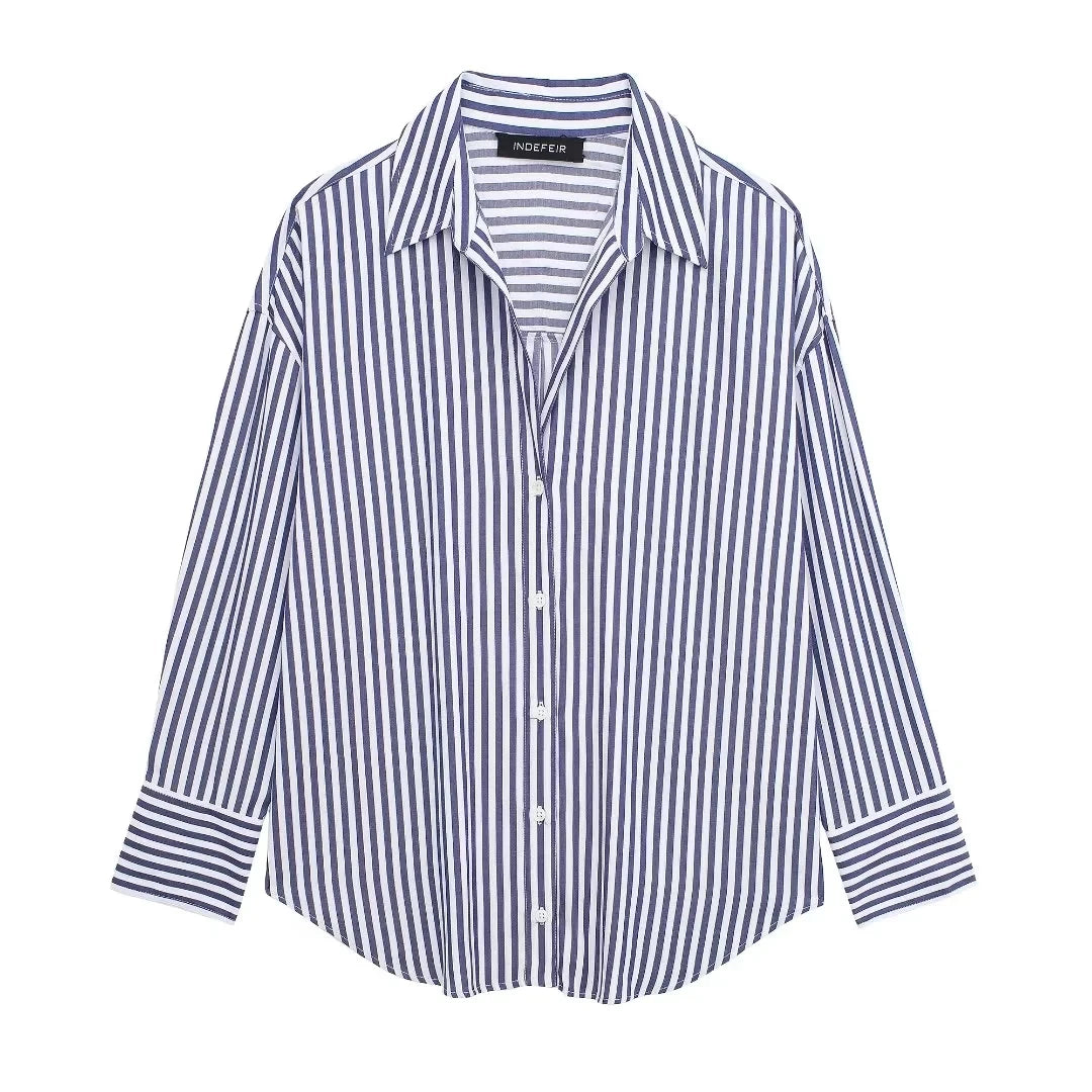 TRAFZA 2024 Spring New Women's Poplin Office Shirt Chic V Neck Single Breasted Elegant Women's Striped Casual Shirt Streetwear