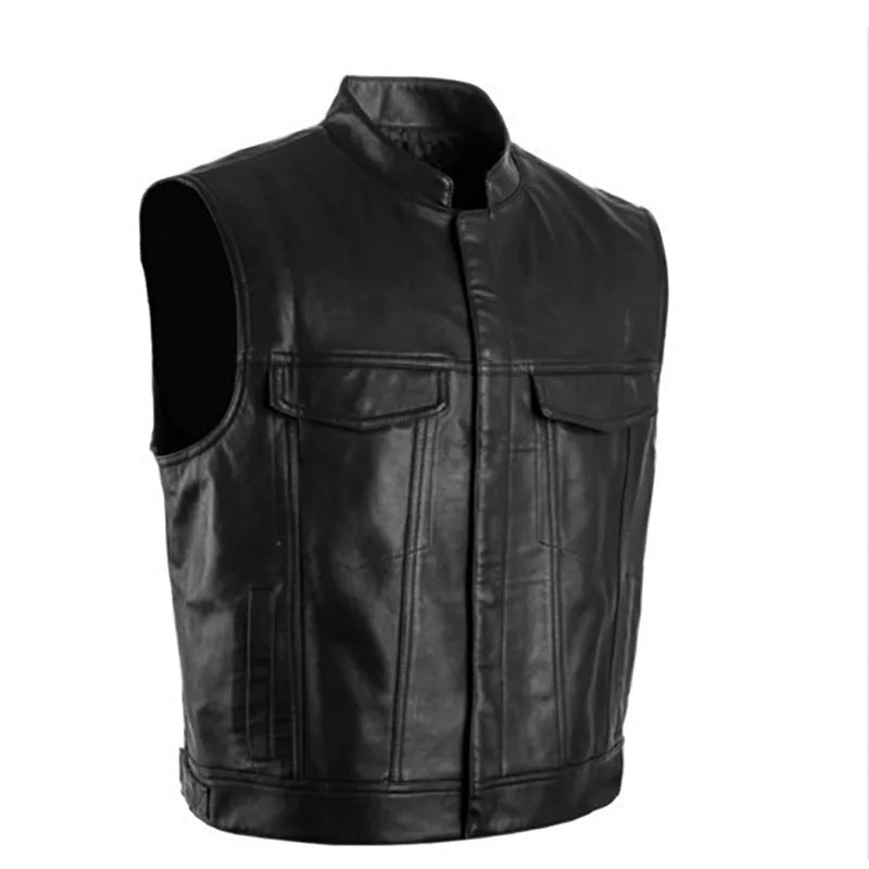 Solid Color Mens Faux Leather Vest Motorcycle Standing Collar Leather Vest Team Punk Shoulder Vest for Men