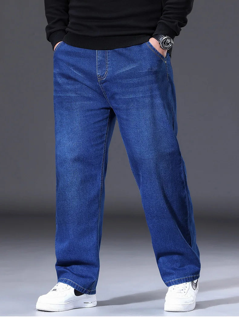 34-50 Sizes Men's Stretch Jeans Straight Leg Denim Pants Extended Sizing Blue/Black Streetwear Relaxed Fit for Work & Casual