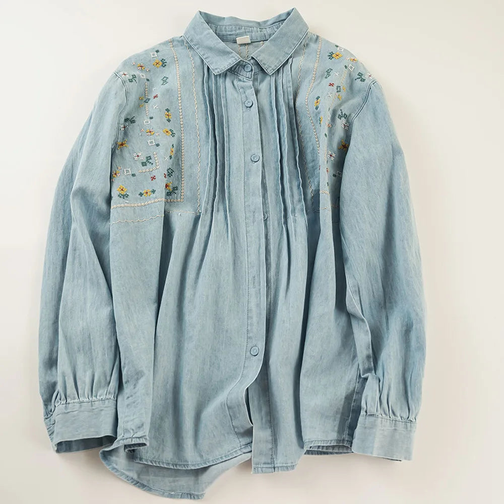 Harajuku fashion cotton denim spring blouses 2025 long sleeve women's embroidered shirts pretty blouses woman jean shirts