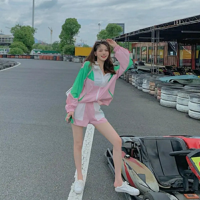 Women's Sports Suit Lapel Zipper Long Sleeve Contrast Coat And Elastic Waist Shorts Casual Female Summer Two Piece Set