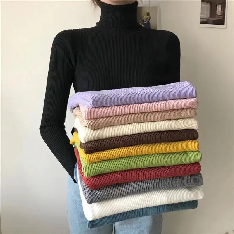 2025 Simple Women Turtleneck Sweater Winter Fashion Pullover Elastic Knit Ladies Jumper Casual Solid Black Female Basic Tops