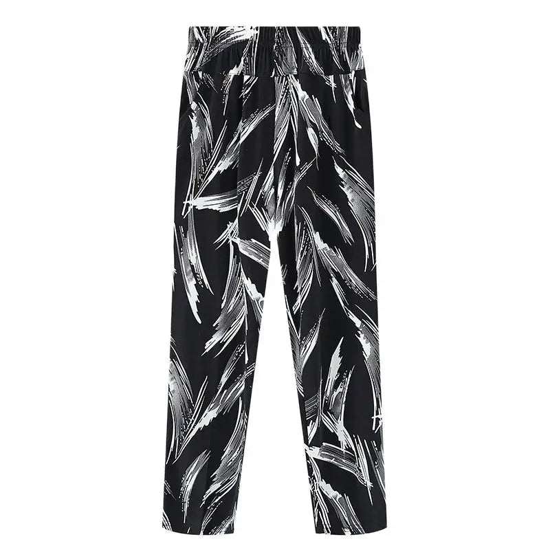 Summer Women's Printed Pants 2023 New Elastic High Waist Thin Ice Silk Pants Loose Large Size Women's Casual Ninth Pants 7XL 8XL
