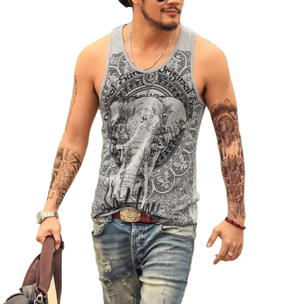 Grey Men Tank Top Casual Fitness Singlets Brand Mens Sleeveless Gasp Hip Hop Vest Elephant Print Cotton undershirt 2019 Vintage