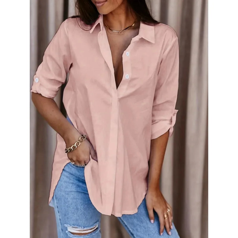Women's  Plus Size Formal Shirt Plain Long Sleeve Turn DownCollar Button Up Workwear Shirt