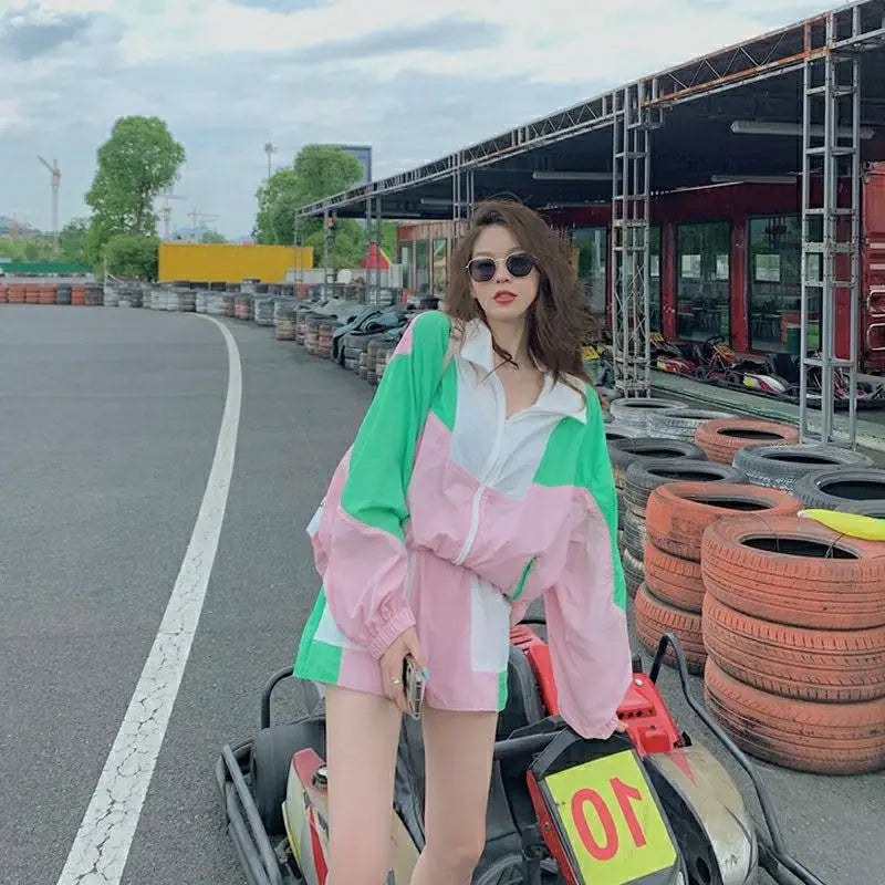 Women's Sports Suit Lapel Zipper Long Sleeve Contrast Coat And Elastic Waist Shorts Casual Female Summer Two Piece Set