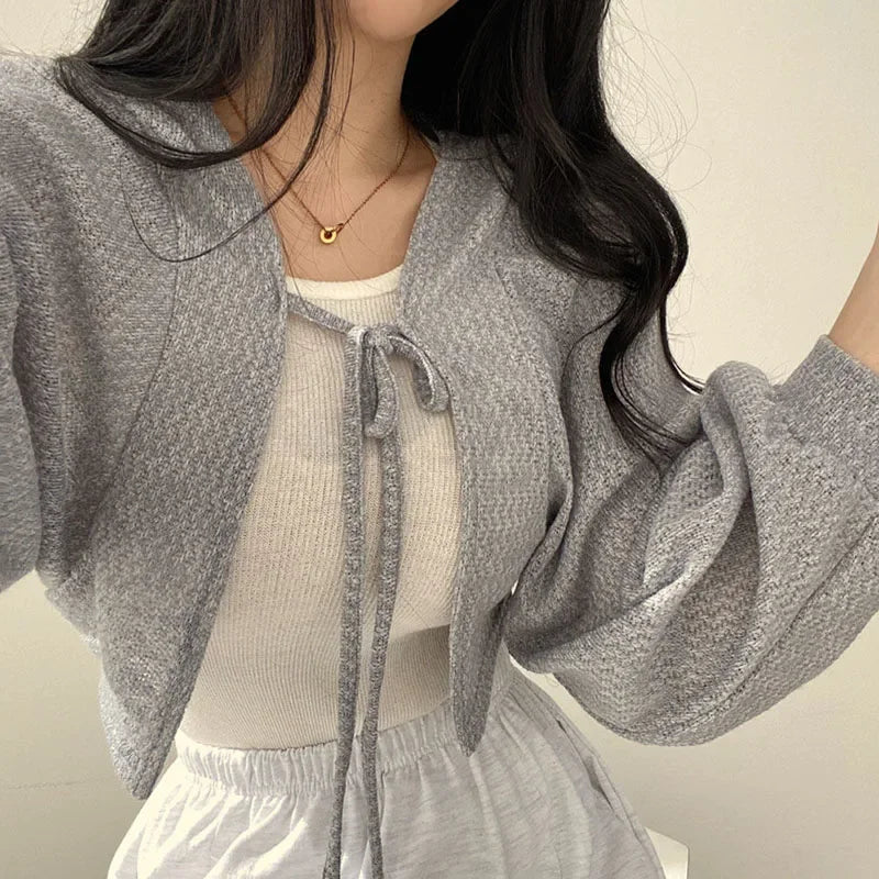 White Knitted Cardigan for Women Summer Thin Sunscreen Lace-Up Knitwear Tops Female Fashion Korean Lantern Sleeve Short Coat