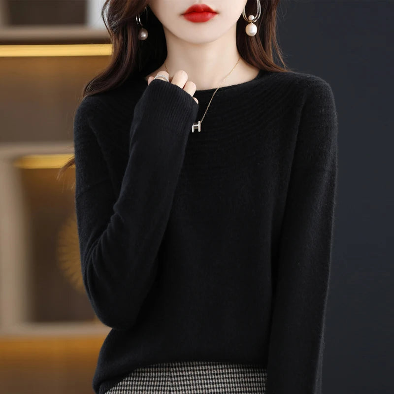 100% Merino Wool Knitted Sweater Autumn/Winter 2024 New Women's Round Neck Hollow Top 11 Color Pullover Versatile Coat NJR1107