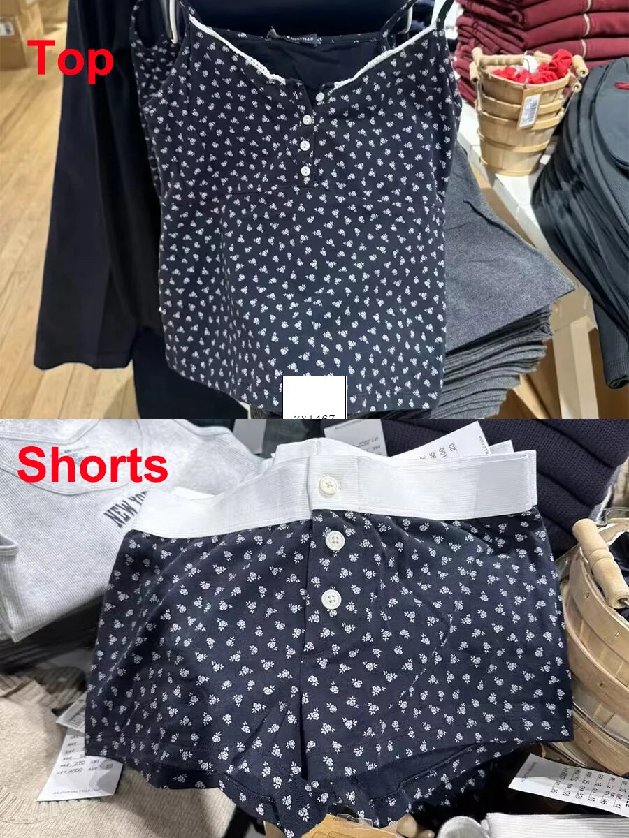 Sweet Floral Vest Shorts Set Woman Summer Lace Trim Slim Camis Buttons Elastic Waist Short Pant Casual Cotton 2 Pieces Sets