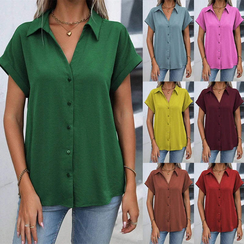 2025 Spring And Autumn New Solid Color Short-sleeved Shirt Fashion Loose Temperament Shirt Folding Blouse Ms. Home Rest Shirt