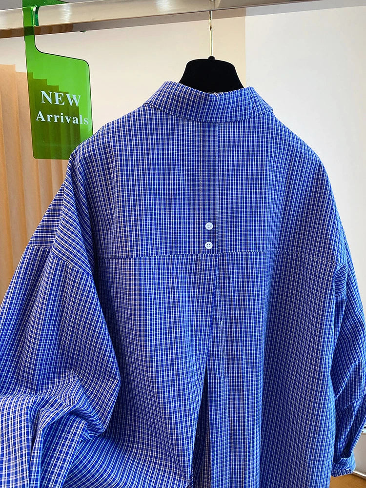 Blue Plaid Long Sleeve Loose Shirts Fashion Korean Split Bandage Blouse Women Oversized Spring Tops 2025 Casual Vintage Blouses