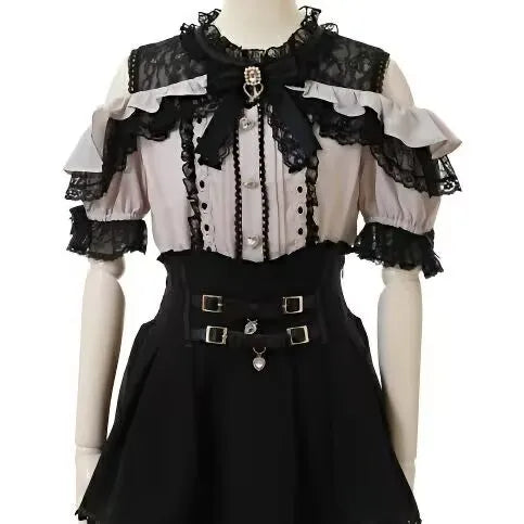 Harajuku Sweet Blouses Women Lolita Elegant Love Heart Bow Off Shoulder JK Shirt Girls Casual Lace Ruffles Y2k Tops Mujer Blusas