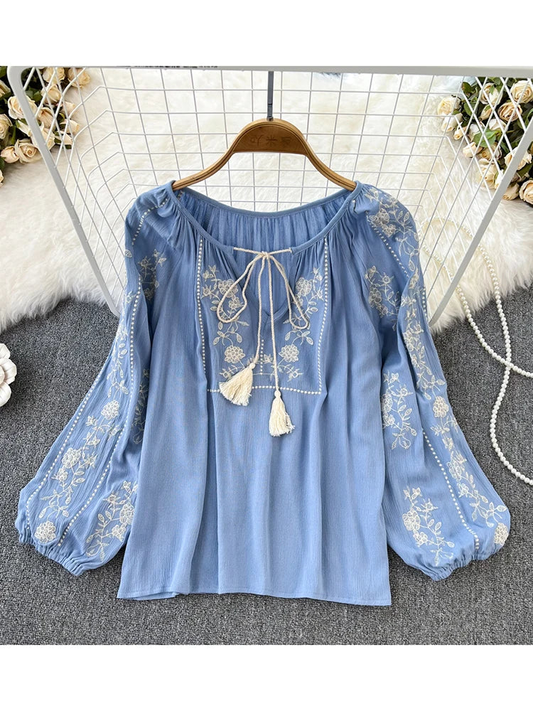 Women Spring Autumn Blouse Vintage National Style Long Sleeve Round Neck Pullover Embroidery Loose Shirt Doll Shirt Top D2761