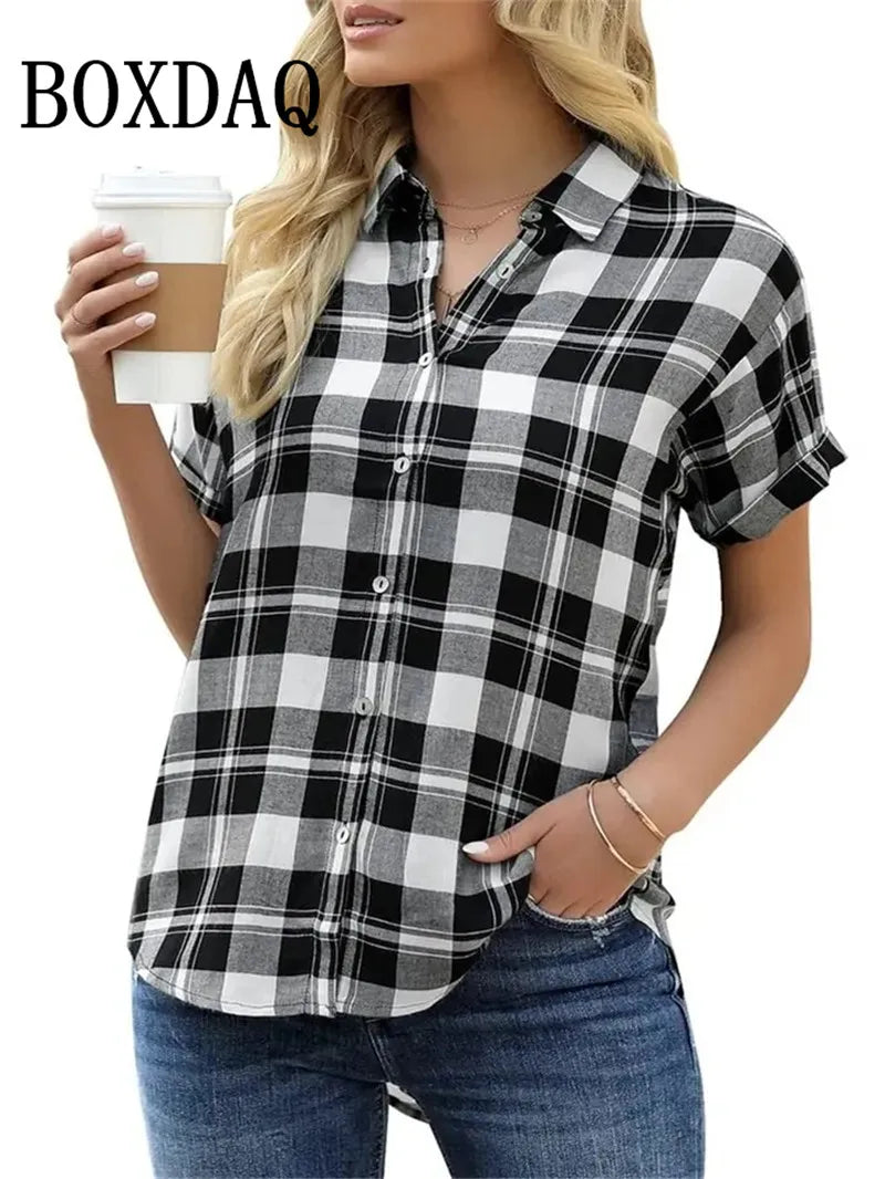 Spring Summer Casual Women's Short Sleeve Blouses Fashion Lapel Button Loose Shirts Classic Plaid Print Women Short Sleeve Tops