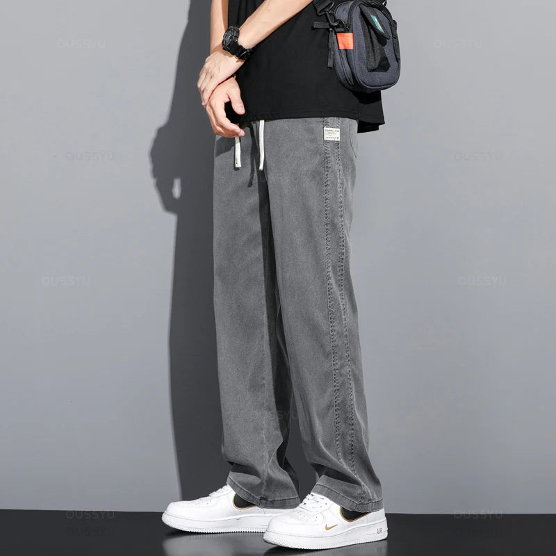 Summer High Quality Lyocell Fabric Jeans Men Loose Straight Thin Elastic Waist Casual Denim Pants Grey Trousers Large Size M-5XL