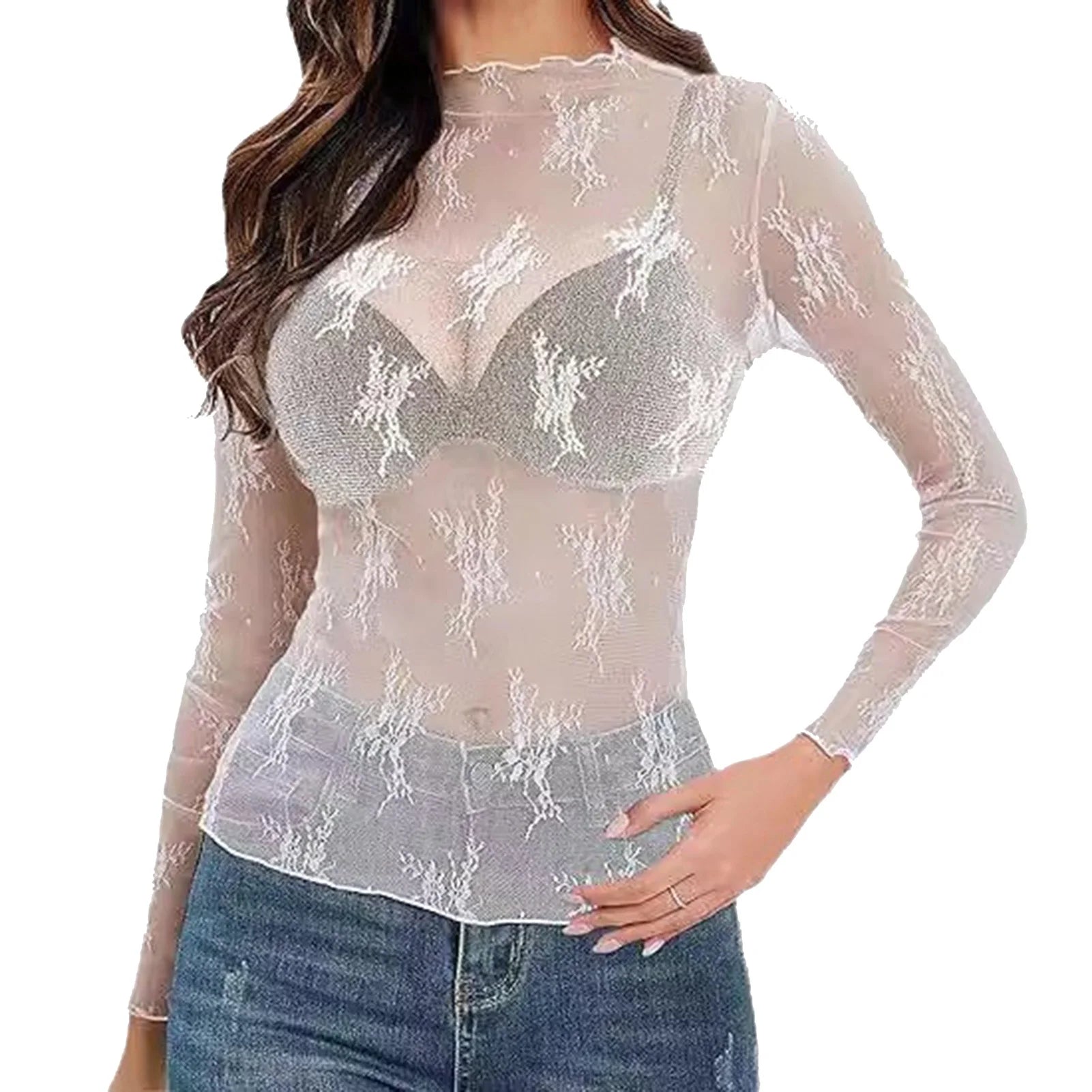 Women Mesh Bottoming Shirt See through O Neck Long Sleeve Lady Blouse Slim Fit Sexy Clear Sun Gauze Tops