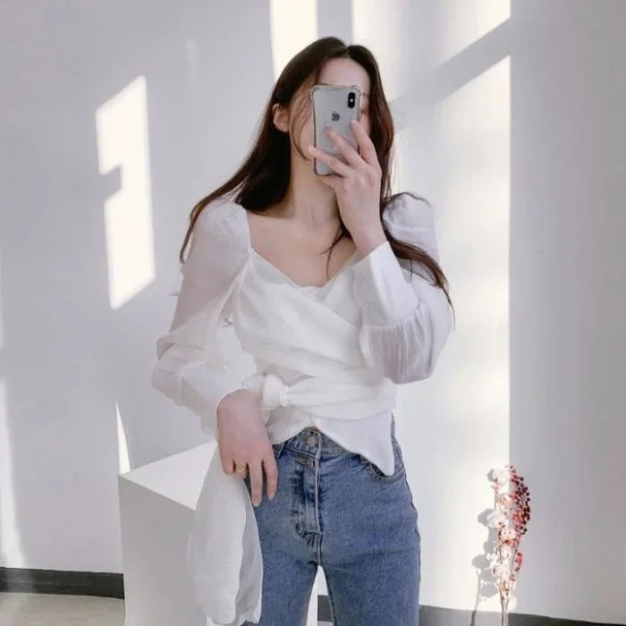 2023 Design Long Sleeve Shirt Women's V-neck Pleated Waist Top Blusas Clothes for Women Tops Shirts Blouses