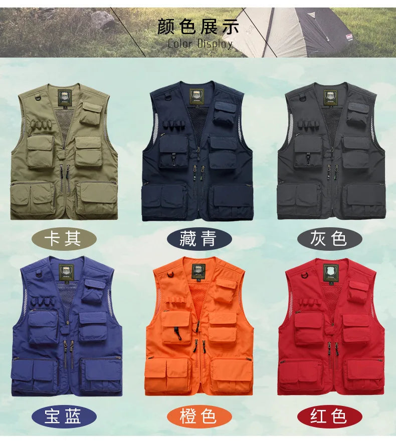 Waistcoat Vest Jacket Men Multi-Pocket Classic Summer Outdoor Work Safari Fishing Travel Photo Vest with Pockets Sleeveless Coat
