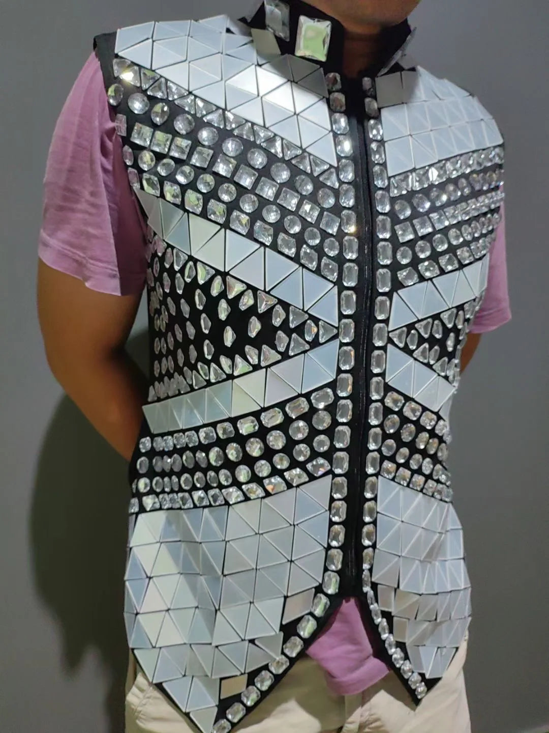 Sparkly Rhinestones Male Mirror Waistcoat Bar Nightclub Singer Stage Crystal Sequins Vest Performance Clothes Drum Dance Coat