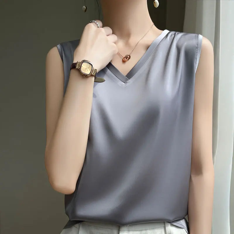 V-Neck Silk Vest Women's Summer Short-Sleeved Blouse With Acetic Acid Satin Top Sleeveless Bottoming Shirt YTM A39