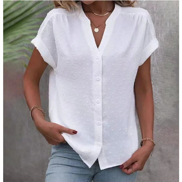2024 Summer New Solid Color Jacquard V-neck Button Women's Shirt Elegant Office White Cardigan Shirt Loose Tops Blusa Feminina