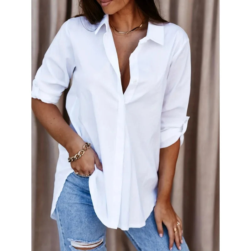 Women's  Plus Size Formal Shirt Plain Long Sleeve Turn DownCollar Button Up Workwear Shirt