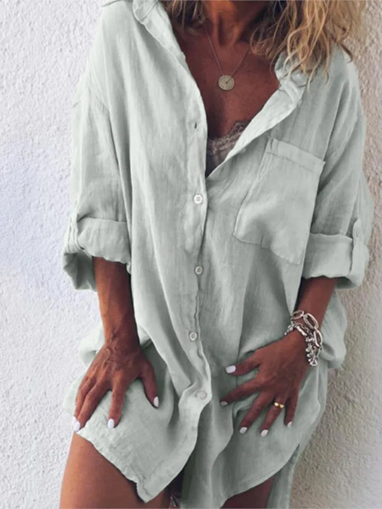 Summer Women's Clothing New Fashion Cotton Linen Pocket Beach Fashion Button Up Shirt Long Sleeved Casual Comfortable