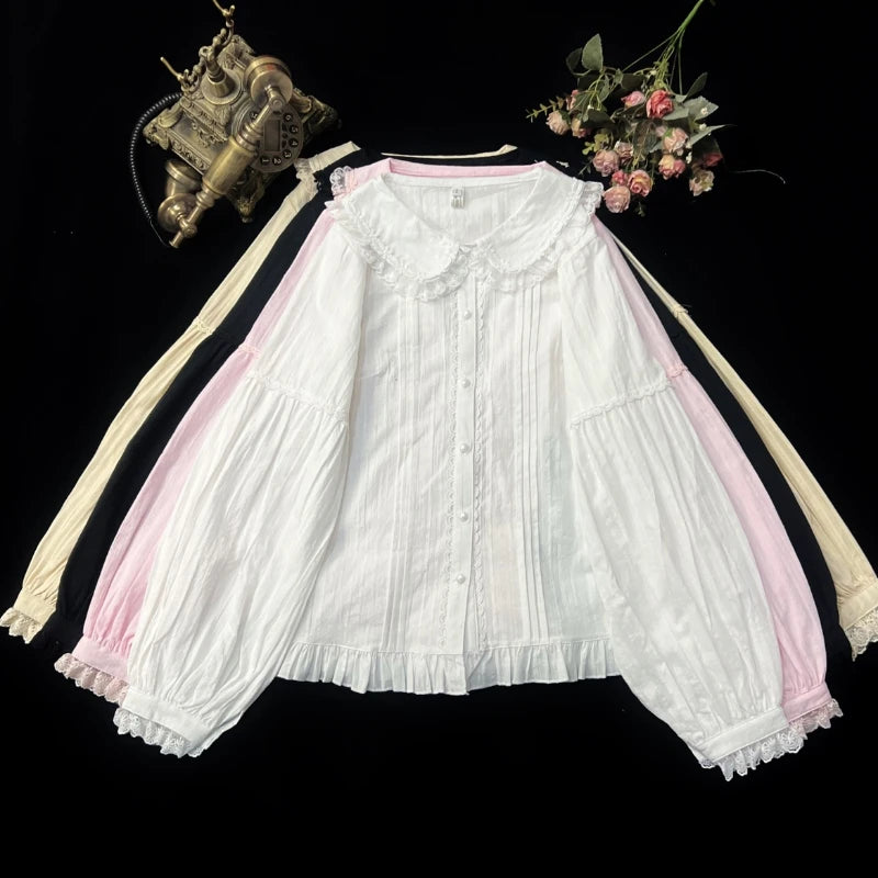 Sweet Lolita Blouses Women Cute Lace Bow Shirts Kawai Peter Pan Collar Long Sleeve Blouse Girl Cotton Comfortable Lolita Clothes