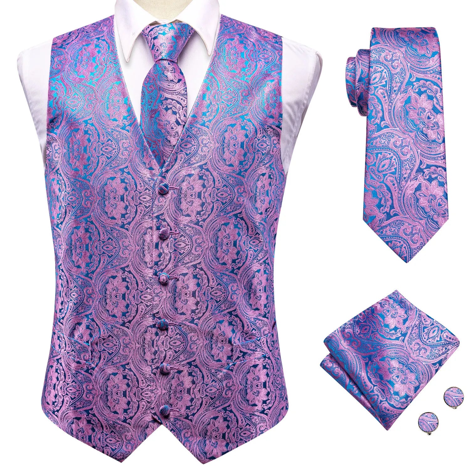 Hi-Tie Black Men Silk Vest Paisley Jacquard Necktie Hankerchief Cufflinks Sets Male Sleeveless V-Neck Waistcoat Business Formal