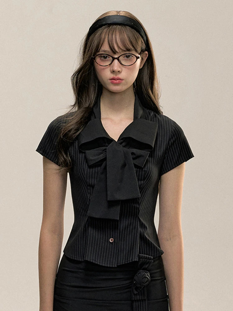 Elegant Black Striped Blouse Women Preppy Style Bow Collar Short Sleeve Shirts for Summer 2025 Fashion Slim Fit Lady Crop Tops