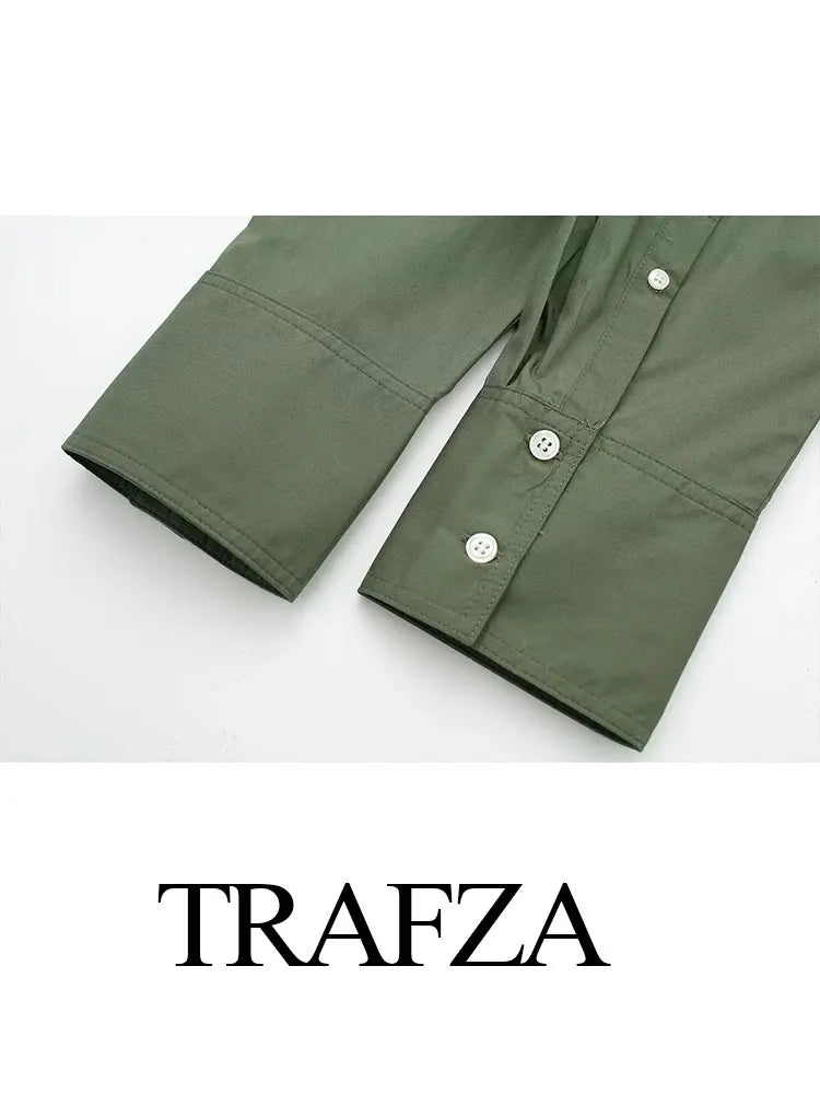 TRAFZA 2024 Spring New Women's Poplin Office Shirt Chic V Neck Single Breasted Elegant Women's Striped Casual Shirt Streetwear